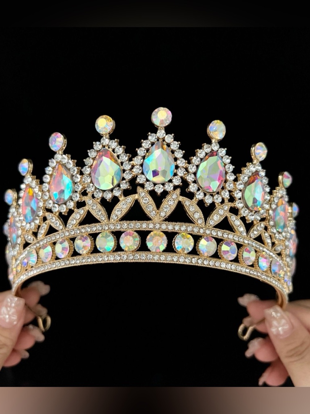 Gold Crystal Teardrop Tiara with Iridescent Stones - Women Accessories